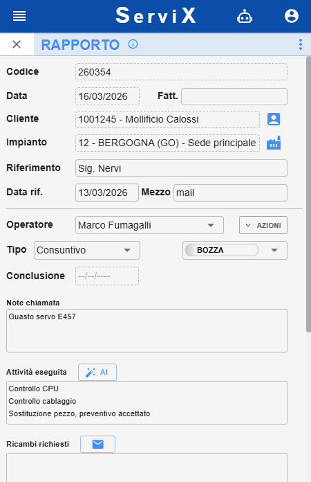 Screenshot app ServiX — rapportino digitale su smartphone